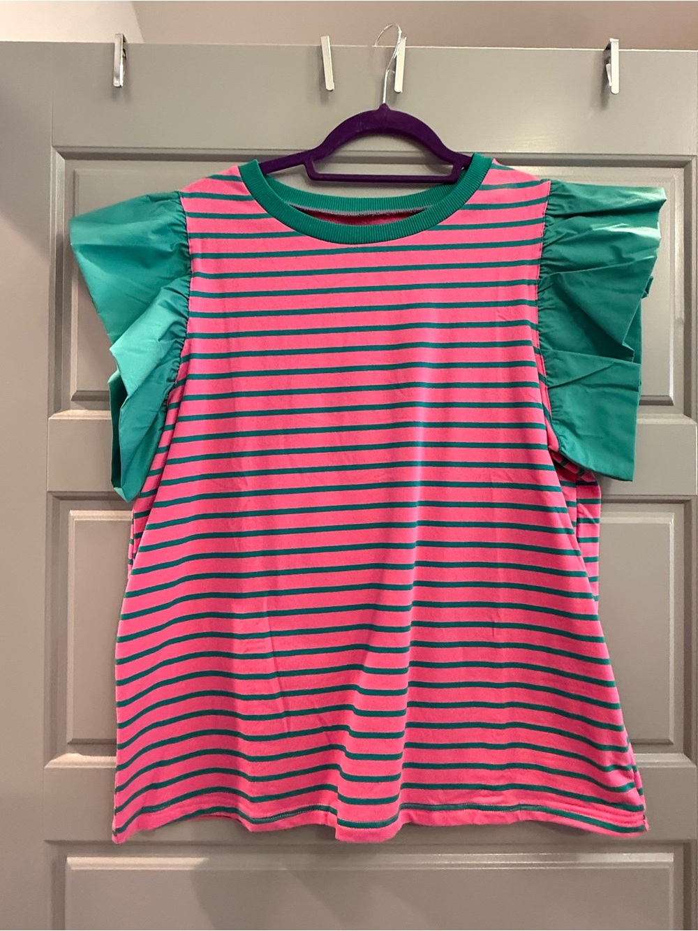 Boutique NWOT Pink & Teal Striped Ruffle Sleeve Top